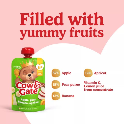 Cow & Gate Fruit Pouch Apple,Pear,Banana & Apricot Baby Food 4+ Months