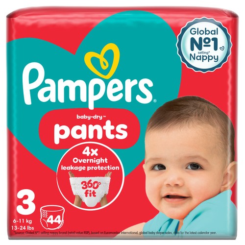 Pampers Baby-Dry Nappy Pants Size 3, 44 Nappies, 6kg - 11kg, Essential Pack