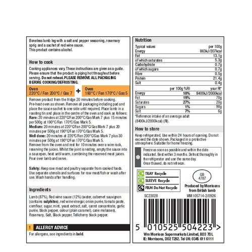 Morrisons The Best Boneless Lamb Leg With Red Wine Gravy 700g