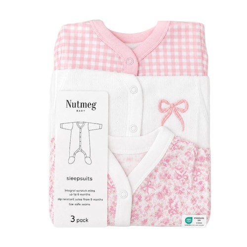 Nutmeg Size 0-3 Months Pink 3 Pack Baby Gingham Sleepsuit