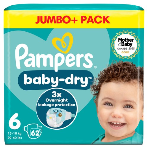 Pampers Baby-Dry Size 6, 62 Nappies, 13kg-18kg, Jumbo+ Pack