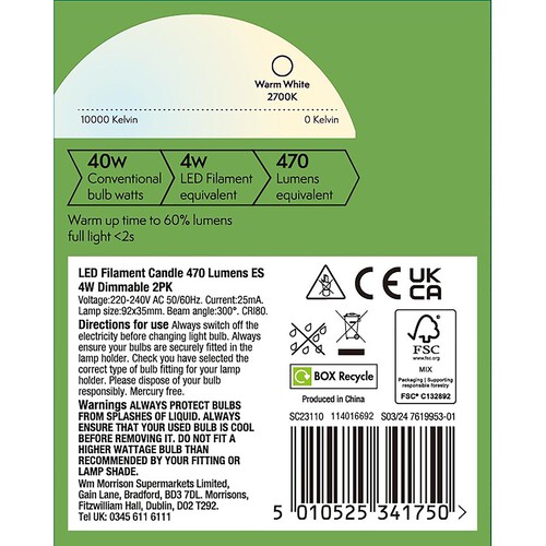 Morrisons LED Filament Candle 470 Lumens ES 4W Dimmable 