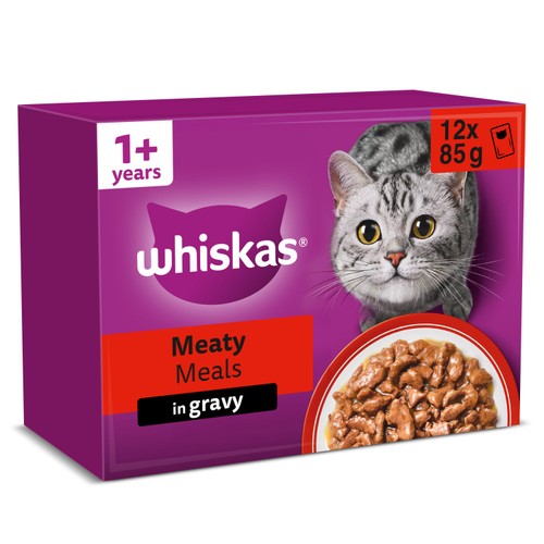 Whiskas 1+ Meaty Meals Adult Wet Cat Food Pouches in Gravy