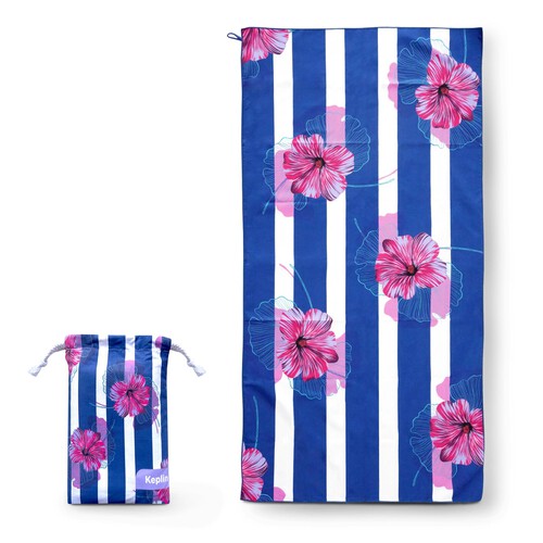 Keplin Beach Towel Blue With Purple Flower 90cm x 200cm