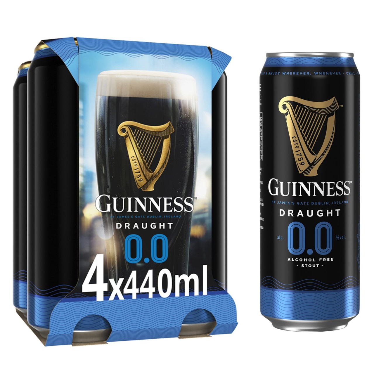 Guinness Draught Alcohol Free Stout Beer 0.0% vol Cans 4x440ml