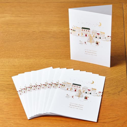Morrisons Gold Foil Town Scene 10 Christmas Cards