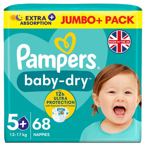 Pampers Baby-Dry Size 5+, 68 Nappies, 12kg-17kg, Jumbo+ Pack