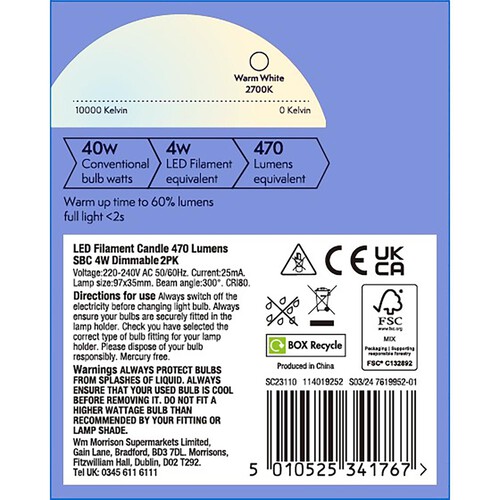 Morrisons LED Filament Candle 470 Lumens Sbc 4W Dimmable 