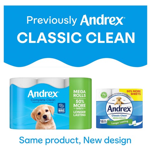 Andrex Complete Clean Toilet Tissue 12 Mega Rolls 50% More Sheets 