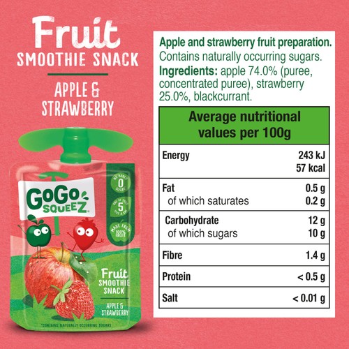 GoGo squeeZ Fruit Smoothie Snack Apple and Strawberry 4x90g