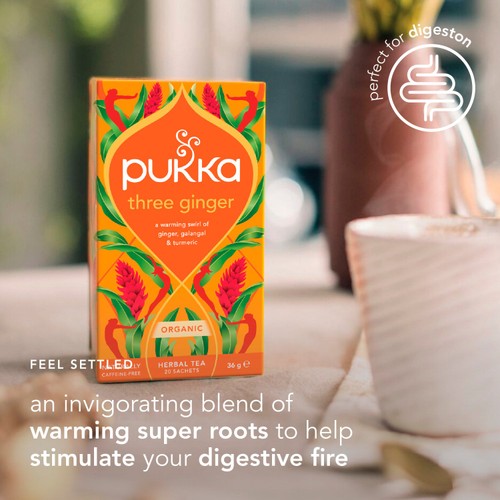 Pukka Three Ginger, Organic Herbal Tea with Galangal & Turmeric, 20 Sachets