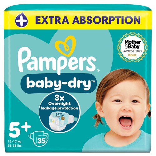 Pampers Baby-Dry Size 5+, 35 Nappies, 12kg-17kg, Essential Pack