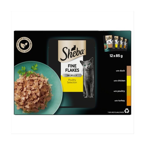 Sheba Fine Flakes Wet Cat Food Pouches Poultry In Jelly 12 x 85g