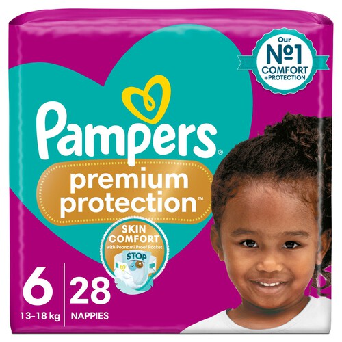 Pampers Premium Protection Size 6, 28 Nappies, 13kg+, Essential Pack