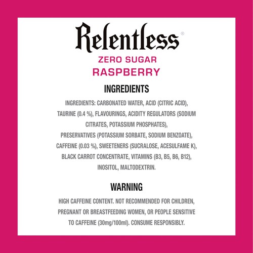 Relentless Raspberry Zero Energy Drink