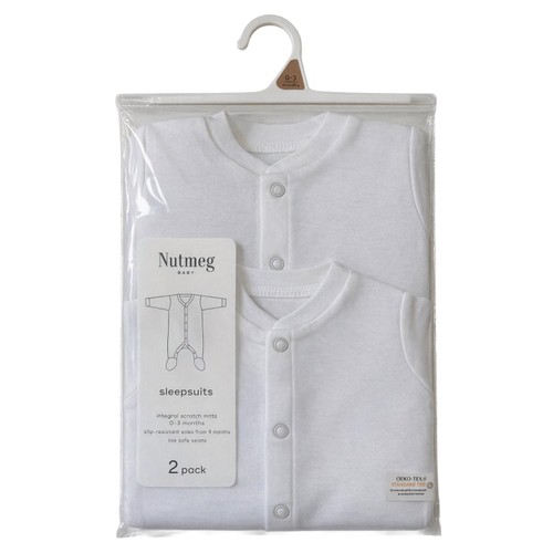 Nutmeg 6-9 Months White Popper Sleepsuits 2 pack  Long Sleeve