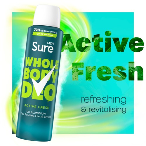 Sure Men Active Fresh Whole Body Deodorant Spray 72h Odour Control   150ml