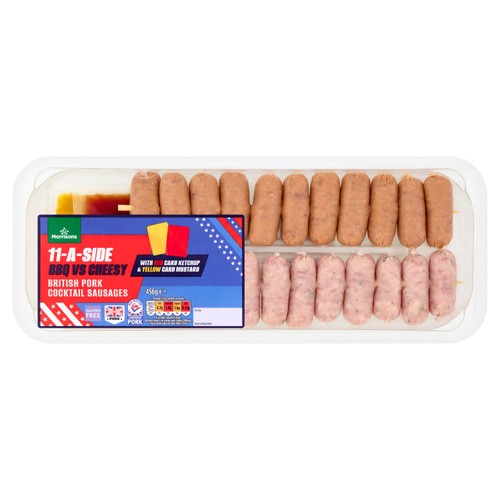 Morrisons 11-A-Side Mini Sausages With Red & Yellow Card Sauces 456g