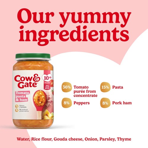 Cow & Gate Tomato Ham & Pasta Baby Food Meal Jar 8+ Months 200g