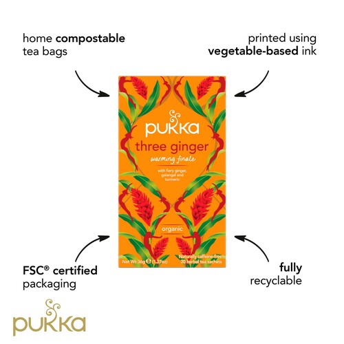 Pukka Three Ginger, Organic Herbal Tea with Galangal & Turmeric, 20 Sachets