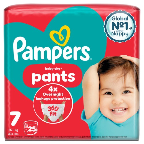 Pampers Baby-Dry Nappy Pants Size 7, 25 Nappies, 17kg+, Essential Pack