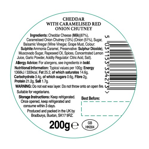 Bradburys Cheddar With Caramelised Onion Truckle 200g