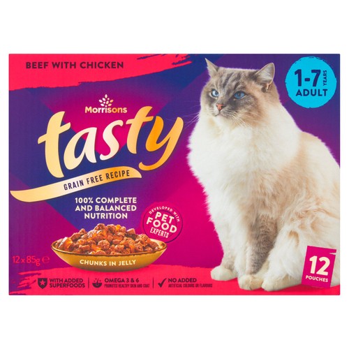 Morrisons premium adult cat pouch beef with chicken in jelly
