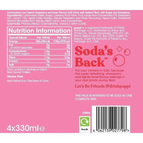 Poppi Raspberry Rose 4 x 330ml