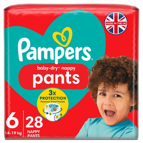 Pampers Baby-Dry Nappy Pants Size 6, 28 Nappies, 14kg - 19kg Essential Pack