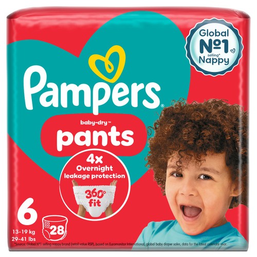 Pampers Baby-Dry Nappy Pants Size 6, 28 Nappies, 14kg - 19kg Essential Pack