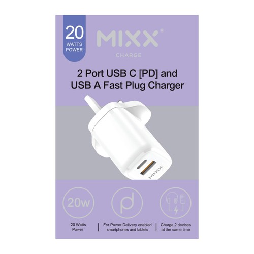 Mixx 2 Port USB C PD And USB A Fast Plug Charger