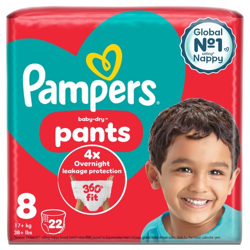 Pampers Baby-Dry Nappy Pants Size 8, 22 Nappies, 19kg+, Essential Pack