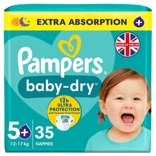 Pampers Baby-Dry Size 5+, 35 Nappies, 12kg-17kg, Essential Pack