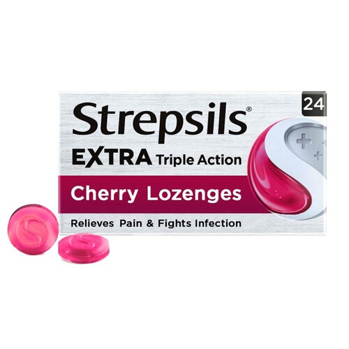 Strepsils Extra Medicated Sore Throat Lozenges Triple Action Cherry 