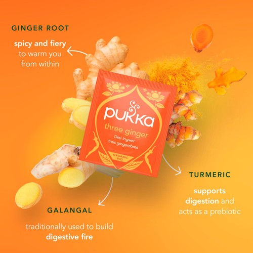 Pukka Three Ginger, Organic Herbal Tea with Galangal & Turmeric, 20 Sachets