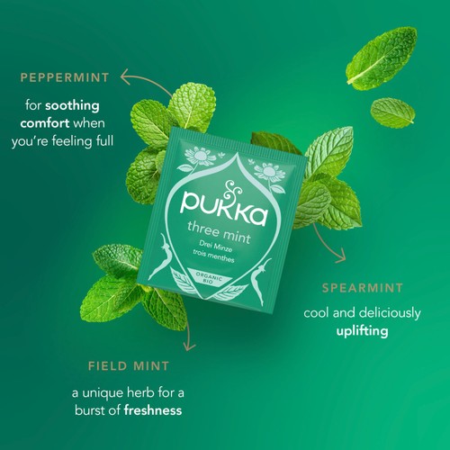 Pukka Three Mint, Organic Herbal Tea with Peppermint, Spearmint, 20 Sachets