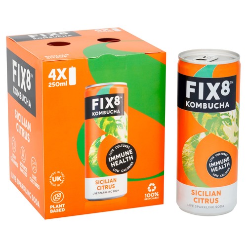 Fix8 Kombucha Sicilian Citrus Live Sparkling Soda 4 x 250ml
