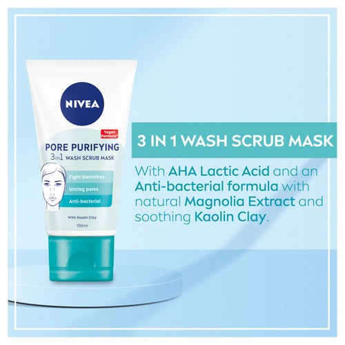 NIVEA Pore Purifying Refining Vegan 3 in 1 Face Wash Scrub Mask