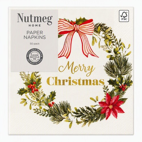 Nutmeg Merry Christmas Wreath Paper Napkins 20 Pack