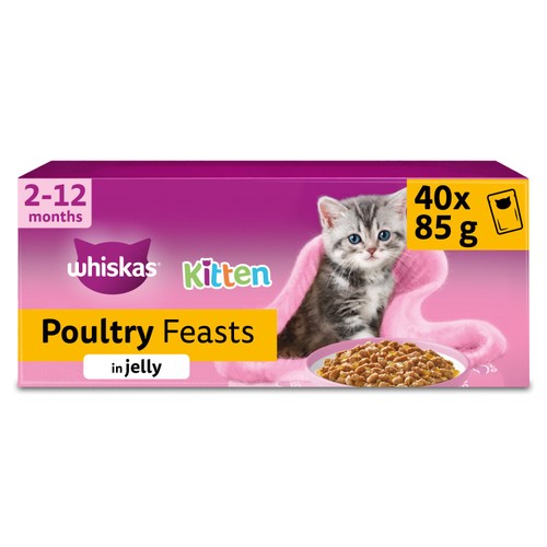 Whiskas 2-12 Months Wet Cat Food Pouches Poultry Feasts In Jelly 40 x 85g