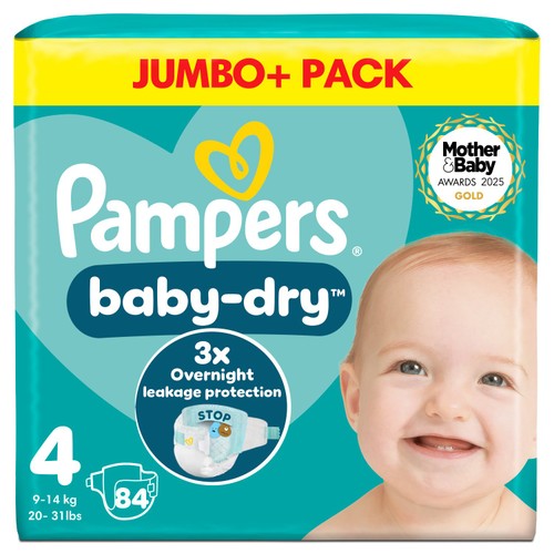 Pampers Baby-Dry Size 4, 84 Nappies, 9kg-14kg, Jumbo+ Pack