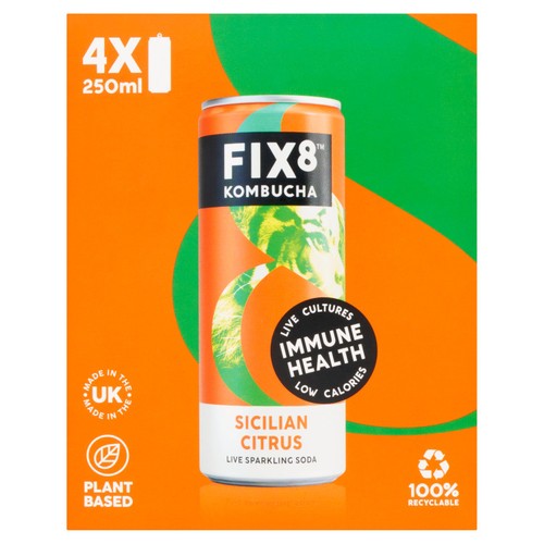 Fix8 Kombucha Sicilian Citrus Live Sparkling Soda 4 x 250ml