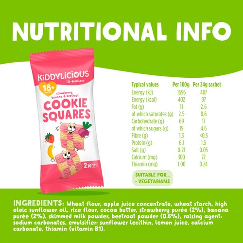 Kiddylicious Strawberry, Banana & Beetroot Cookie Squares 18+M 6x24g