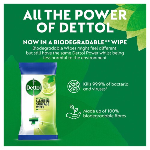 Dettol Antibacterial Biodegradable Cleansing Surface Wipes Lime & Mint