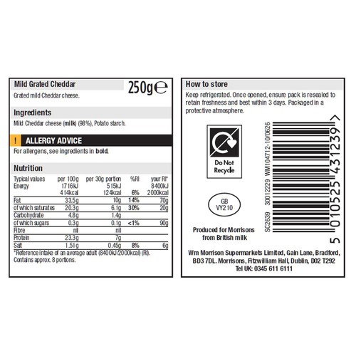 Morrisons Grated Mild White Cheddar 250g