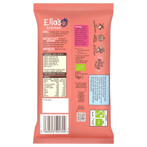 Ella's Kitchen Peach and Banana Melty Sticks Baby Snack 7+ Months