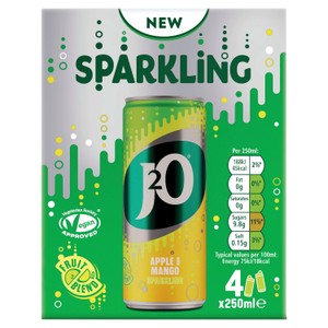 J2O 4 x 250ml Sparkling Apple & Mango Soft Drink Cans