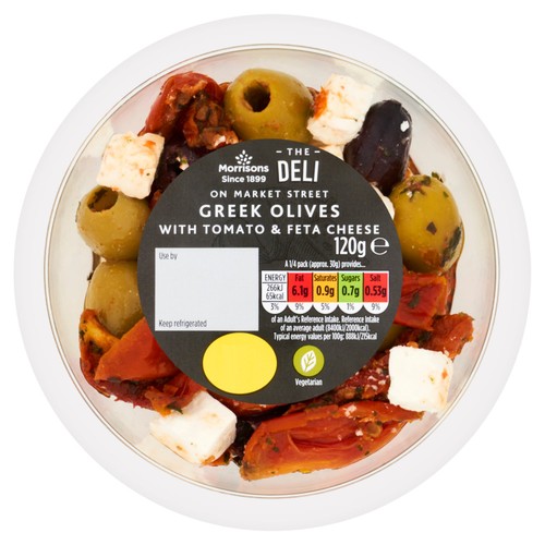 Morrisons the deli on market street greek olives with tomato feta 120g