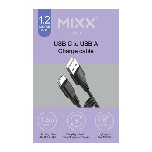 Mixx 1.2m USB C to USB A Black Charge Cable