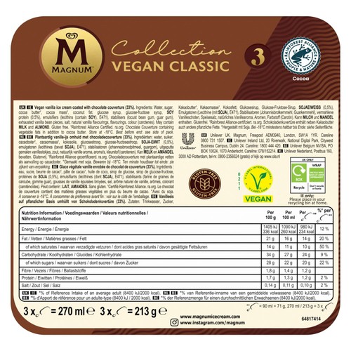 Magnum Collection Classic Vegan Ice Cream Sticks 3x90ml